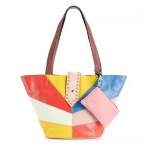 Ameri Leather Thea Multicolor Colorblock Leather Dual Handle Tote Bag